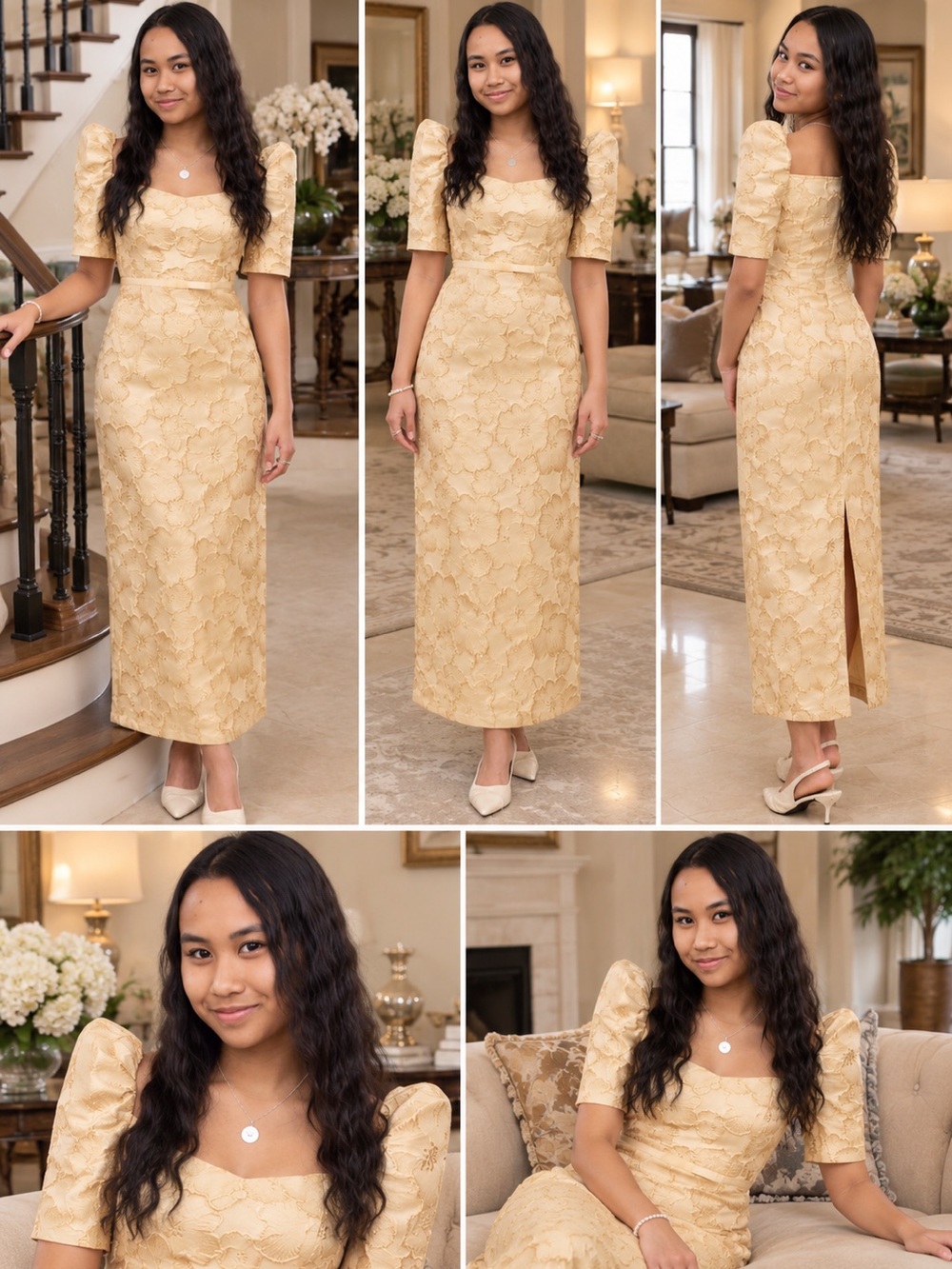 Elegant Puff-Sleeve Lace Midi Dress in Apricot Color